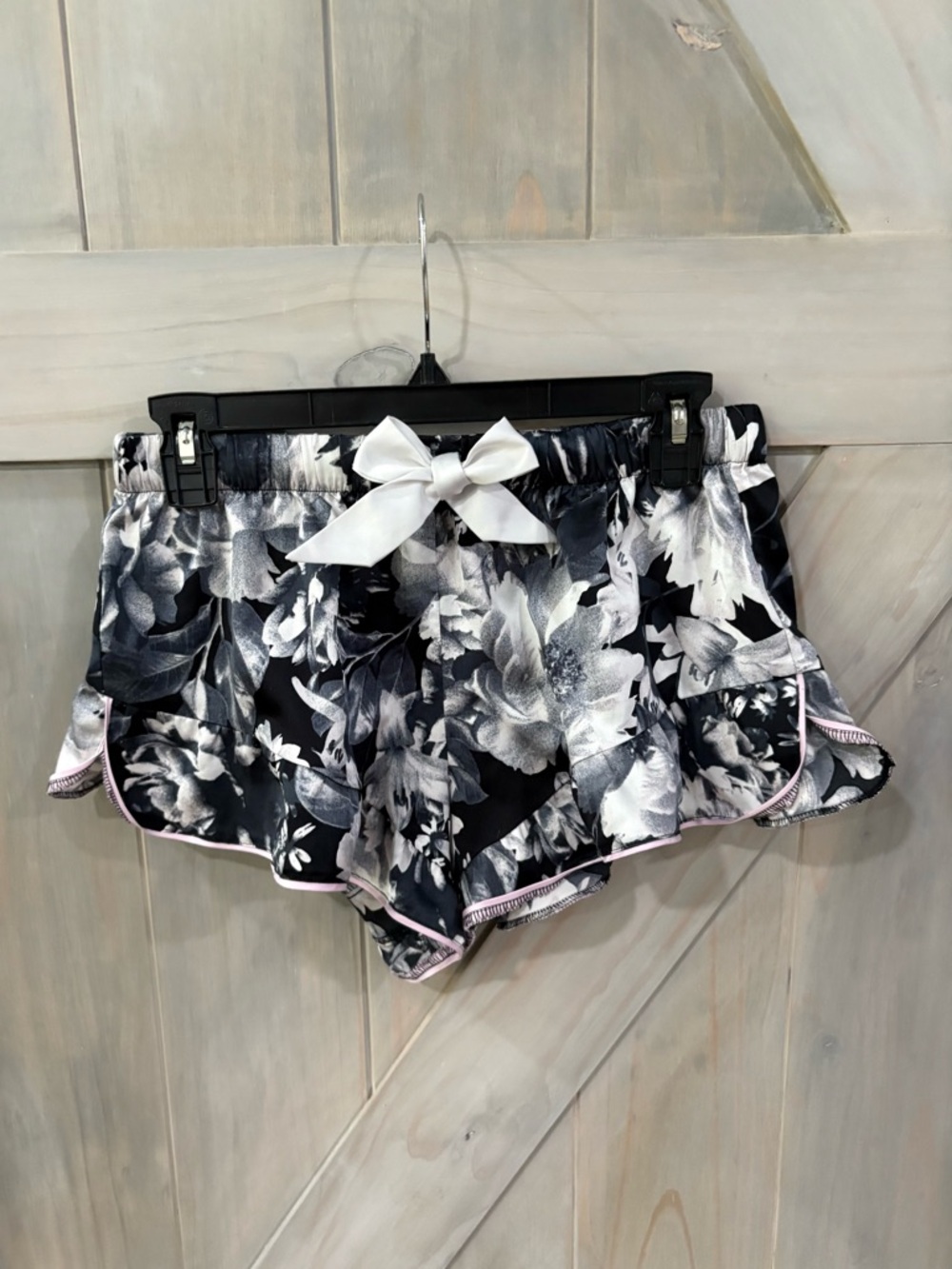 Victoria’s Secret Black & Cream Floral Satin Pajama Shorts with Bow
